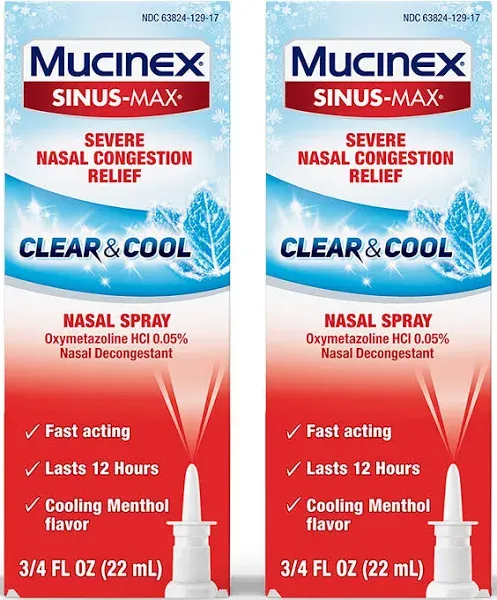 Mucinex Sinus Max Clear & Cool Nasal Decongestant Spray, Cooling Menthol Flavor, 0.75 fl oz, Fast Acting Medicine that Lasts 12 Hours, Relieves Sinus Pressure and Nasal Congestion