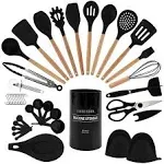 Non Stick Silicone Utensil Set with Rounded Wood Handles for Cooking and Baki...