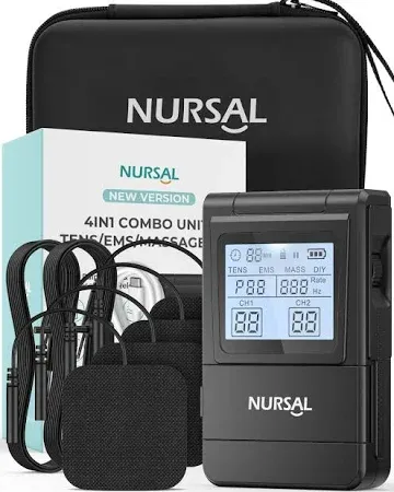 NURSAL Tens Unit Muscle Stimulator, 4 in 1 TENS EMS Machine with 25 Modes Include DIY, 40 Intensities Electric Massager for Shoulder, Back Pain Relief, TENS Pads, A Carry Case