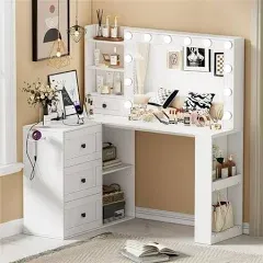 Pakasept Vanity Desk with Mirror and Lights, Corner Makeup Table with 3 Color Lighting