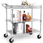 YNN Metal Utility Rolling Cart, 990lbs Capacity 3 Tier Heavy Duty NSF Rolling Chrome Trolley Cart with Wheels & Wire Shelving & Handle Bar-Storage