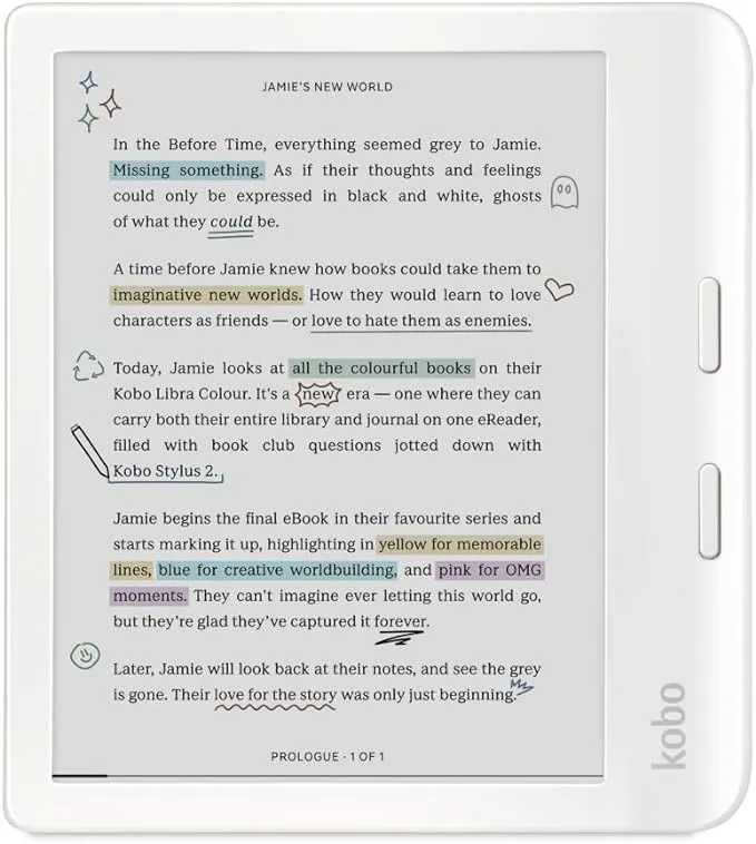 Kobo Libra Colour - 7" 32gb eReader - Glare-free Colour E Ink Kaleido 3 Display - Dark Mode Option - Audiobooks - Waterproof (White)