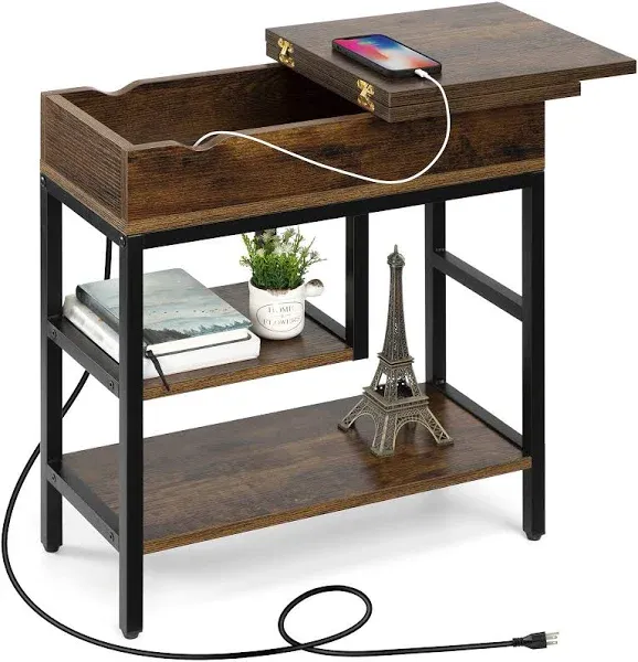 Side Table with USB Ports and Outlets, Narrow Sofa End Table with Storage She...