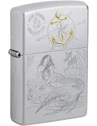 Zippo Lighter, Anne Stokes Collection, Engraved Mermaid and Ship - Satin Chrome 81011