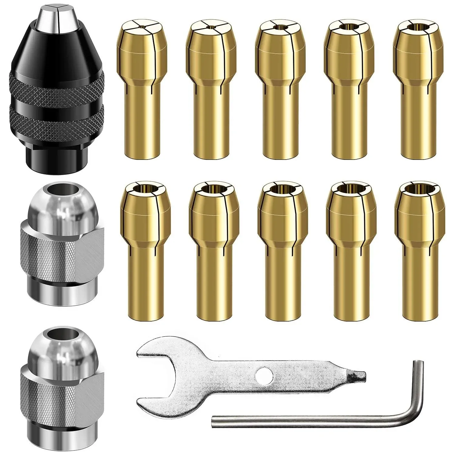 4486 Multi Chuck Set 15Pcs,Brass Collet Set,Collet Nut Kit,0.8-3.2mm Replacement Keyless Quick Change Chuck Rotary Tool Accessory Compatible with