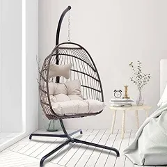 Hanging Egg Chair with Stand Outdoor Swinging Egg Chair with Water Resistant Cushions Wicker Egg Chair Foldable Basket for Indoor Patio Garden 350lbs Capacity (Brown with Cover)