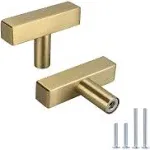 LONTAN 6Pack Kitchen Cabinet Knobs Brushed Brass Cabinet Knobs Square - LS1212GD Euro Gold Cabinet Knobs T Bar Stainless Steel Knobs for Cabinets