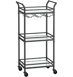 VASAGLE Bar Cart Home Bar Serving Cart Small Bar Cart 3-Tier Mirrored Shelf Wine Holder Glass Holder