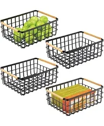 mDesign Metal Wire Organizer Basket, Bamboo Handles, 2 Pack, Matte White/Natural