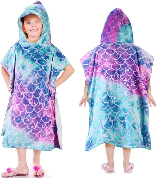 Tirrinia Kids Hooded Towel, Bath Swim Beach Towel Poncho 100% Cotton, Cartoon Mermaid or Surf Baby, One size Fit All Girls&Boys, Mermaid