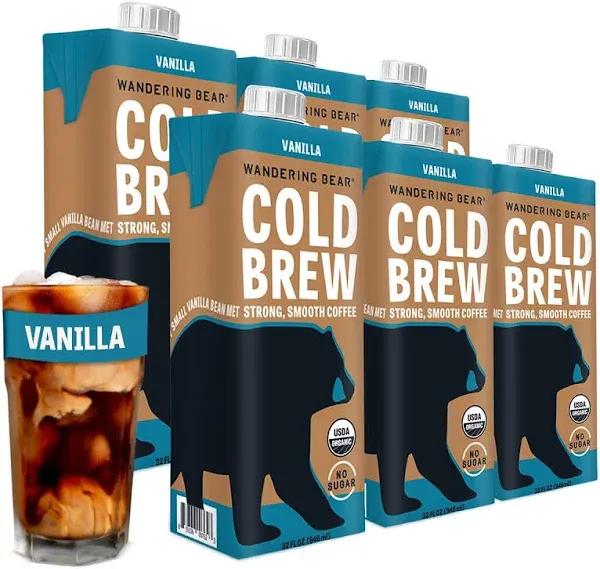 Wandering Bear Organic Vanilla Cold Brew Coffee, 32 fl oz, 1 pack - Extra Strong, Smooth, Organic, Unsweetened, Shelf-Stable, and Ready to Drink Iced Coffee, Cold Brewed Coffee, Cold Coffee