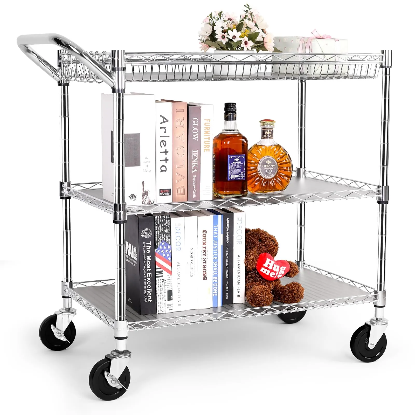 YNN Utility Cart, 990lbs Capacity 3 Tier Metal Rolling Wheels Handle Bar Heavy Duty Trolley