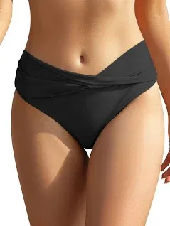 Shekini Bikini Bottoms Womens Size M Black Ruched Twist Front Swimwear NEW