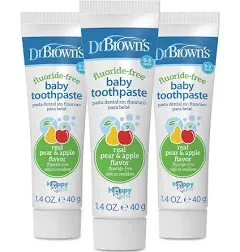 Dr. Brown's Fluoride-Free Baby Toothpaste, Infant & Toddler Oral Care, Strawberry, 3-Pack, 1.4oz/40g, 0-3 years & Baby and Toddler Toothbrush, Flamingo 1-Pack, 1-4 Years