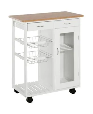 HOMCOM Rolling Kitchen Trolley Cart Bamboo Storage Cabinet Wire Basket