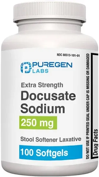 Puregen Labs Docusate Sodium 250mg Stool Softener Laxative | 100 softgels | Gentle Constipation Relief | Extra Strength | Stimulant Free