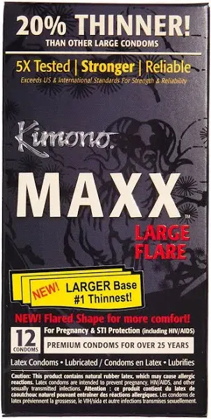 Kimono MAXX Large Flare Condoms - Premium Lubricated Natural Latex Condoms, Thin, Unique Flared Design, Extra Room, Vegan-Friendly, No Latex Odor - Strength & Sensitivity - Pack of 24