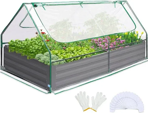 Quictent 6x3x1ft Galvanized Raised Garden Bed with Cover Metal Planter Box Kit, w/ 2 Large Screen Windows Mini Greenhouse for Outdoor Growing