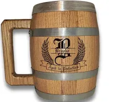 LAS VILLAS DESIGNS Personalized Oak Wood Barrel Beer Mug Tankard with Stainless Steel Interior