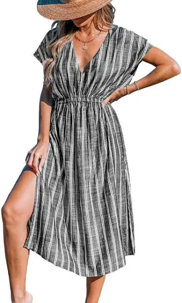 CUPSHE Women Beach Cover Up V Neck Short Sleeve Striped Midi Swimsuit Coverup Dress XS-XXL