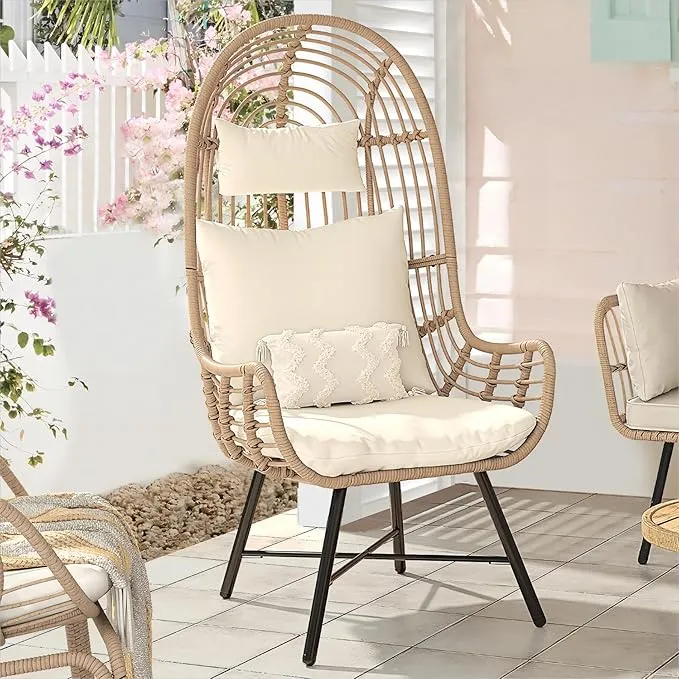 YITAHOME Outdoor Narrow Egg Chair, Patio Wicker Basket Chair with 370lbs Capacity Indoor Egg Chairs with Stand & Cushion Cocoon Chair for Bedroom, Patio, Balcony (Beige)