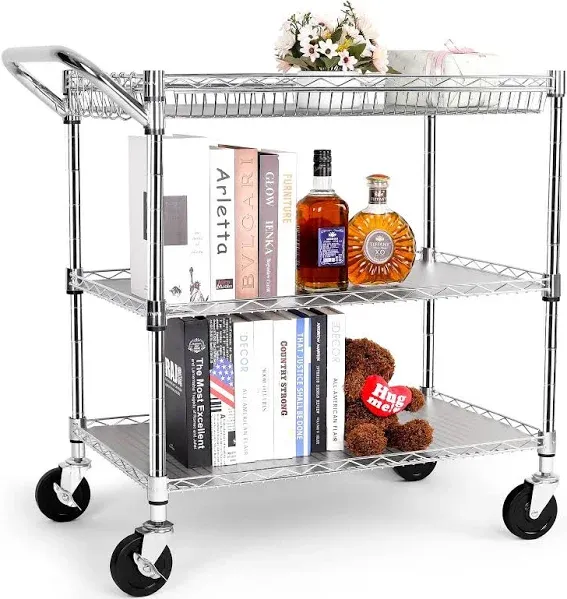 YNN Metal Utility Rolling Cart, 990lbs Capacity 3 Tier Heavy Duty NSF Rolling Chrome Trolley Cart with Wheels & Wire Shelving & Handle Bar-Storage