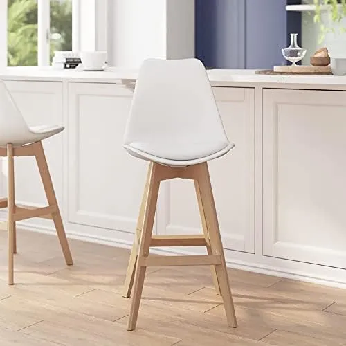 Flash Furniture Dana Set of 2 Modern Commercial Counter Stools - White Plastic Backrest - LeatherSoft Padded Seat - 27 Inch Counter Stools - Oak Finish Wood Frame