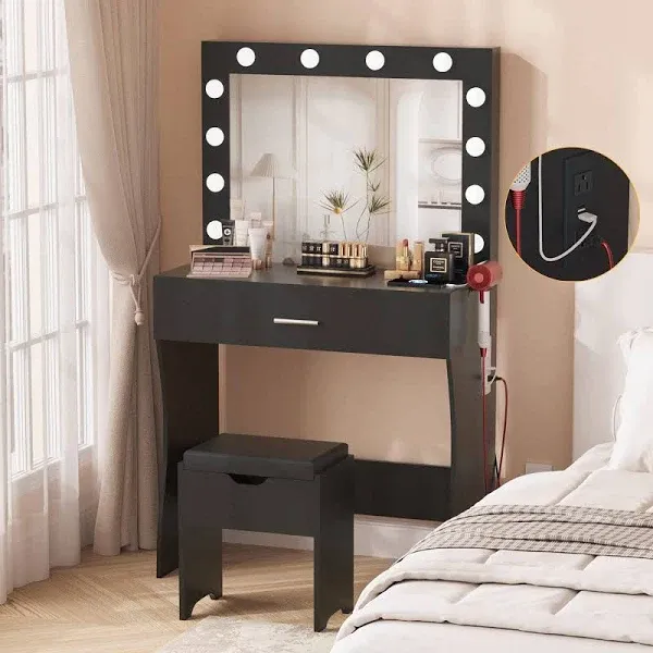 Veanerwood Vanity Set with 3 Color Lighted Mirror Makeup Table