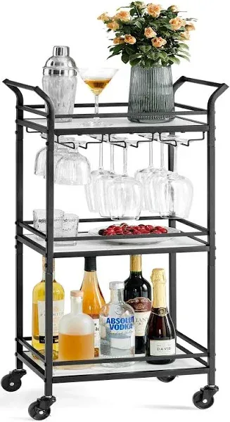 VASAGLE Bar Cart, Home Bar Serving Cart, Small Bar Cart with 3-Tier Shelf, Wine Holders, Glass Holders, Mini Bar Cart for Small Spaces, Kitchen, Dining Room, Living Room, Ink Black