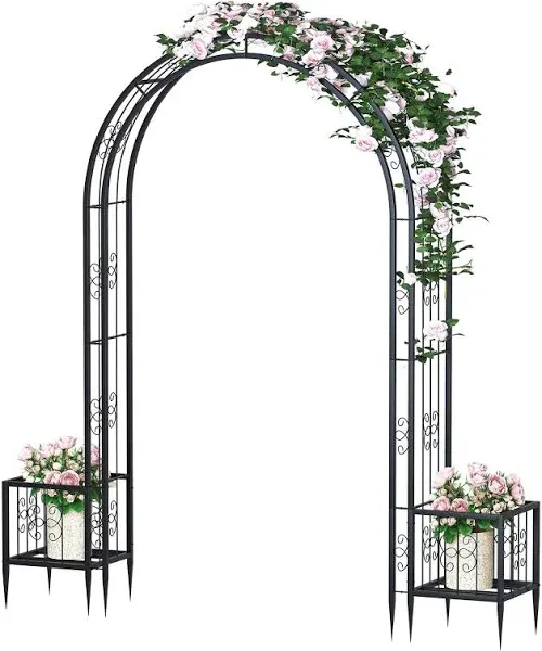 88in Steel Garden Arch Arbor Trellis with Planter Boxes for Climbing Plants Outdoor, Yard, Wide Sturdy Durable Garden Arch for Lawn,Outdoor Wedding Arch(Black)