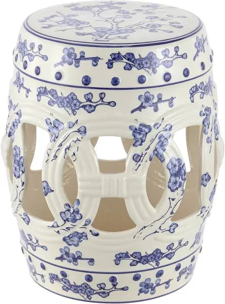 JONATHAN Y TBL1027A Lucky Coins 16" Chinese Ceramic Drum Indoor/Outdoor Garden Stool Bohemian, Coastal, Classic, Cottage, French Country, Patio, Garden Room, Bathroom, Living Room, Blue/White