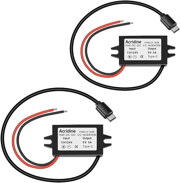 2-Pack DC 12V/24V to 5V USB C Buck Converter 3A 15W Type-C Output Charging Module Waterproof Buck Power Adapter Compatible with Raspberry Pi 4, Mobile