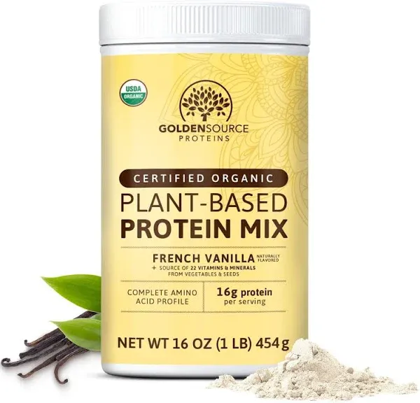 GoldenSource Proteins, French Vanilla, Plant Based Protein Powder, Protein Mix, Protein Powder with 22 Vitamins & Minerals, 15g of Protein, & Complete Amino Acid Profile, Vegan Protein Powder