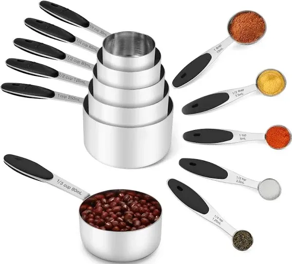 Joyhill Stainless Steel Measuring Cups and Spoons Set of 10 Piece, Nesting Metal Measuring Cups Set with Soft Touch Silicone Handles for Dry and Liquid Ingredients, Cooking & Baking (Colorful)