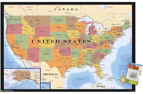 Trends International Map - USA Time Zones Wall Poster, 14.725" x 22.375", Gold Framed Version