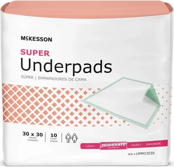 McKesson Super Underpads, Incontinence Bed Pads 23" x 36" [10 Count], Moderate Absorbency, Disposable Chux Pads for Adults, Elderly, and Baby, Pee Pads