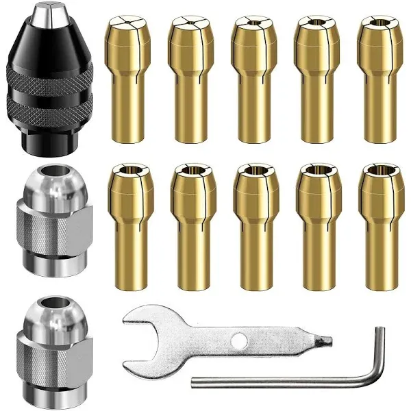 15PCS 4486 Multi Chuck Collet Set Compatible with Dremel, Keyless Drill Chuck Bit, 0.8-3.2mm Shank Replacement 4485 Brass Collet Metal Nut Rotary Tool Accessory 3000 4000 7700 8200