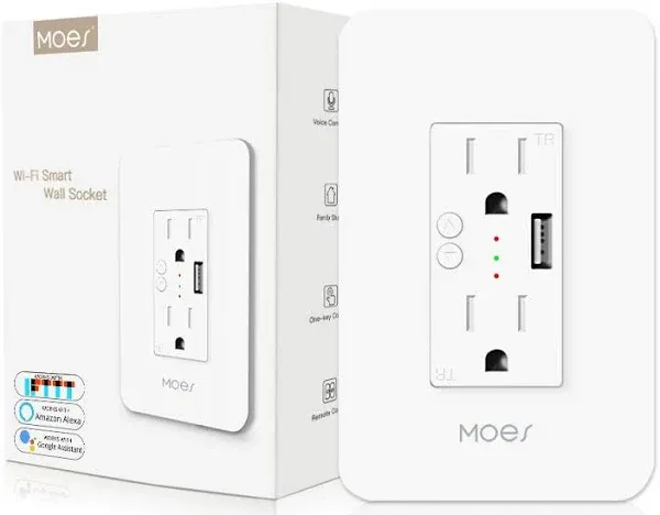 Moes WiFi Smart Wall Outlet,15A Divided Control 2 in Wall Socket with USB Interface,Smart Life/Tuya App Remote Control Compatibl