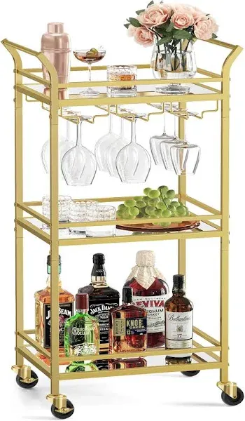 VASAGLE Bar Cart Gold,Home Bar Serving Cart, Small Bar Cart 3-Tier