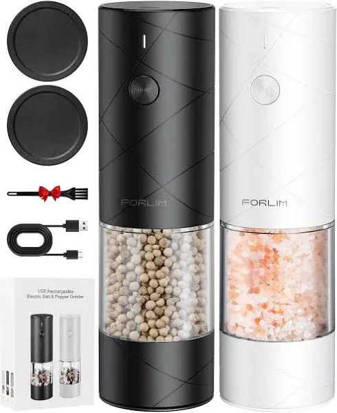 FORLIM Electric Salt and Pepper Grinder Set, USB Rechargeable, Automatic Salt Pepper Mill Grinder with Dust Cover, One-Button Control, Adjustable Coarseness, Warm LED Light (2 Packs, Black&White)