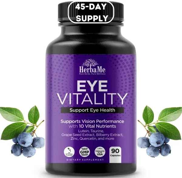 HerbaMe Eye Vitamins Supplement with Lutein, Bilberry, Beta Carotene, L-Taurine, Zinc and Quercetin