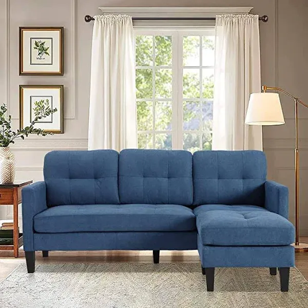 Grepatio Convertible Sectional Sofa Couch, L-Shaped Couch with Modern Linen Fabric for Small Space (Blue)