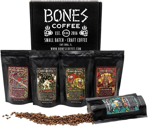 Bones Coffee Company New World Tour Sample Pack Ground Coffee Beans Sampler Gift Box Set 4 oz Pack of 5 Assorted Singleorig