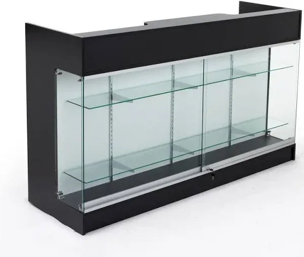 Displays2go 6ft Retail Sales Counter with Glass Shelves, Tempered Glass, Laminated Particle Board, Locking Drawers – Black (MRCLSC72BK)