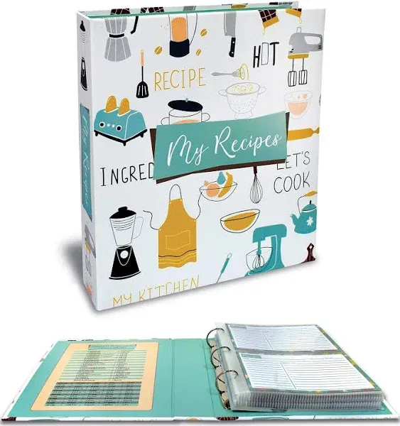 Recipe Binder, 22cm x 24cm 3 Ring Binder Organiser Set (with 50 Page Protectors, 100 10cm x 15cm Recipe Cards & 12 Category Divider Tabs) by Bette