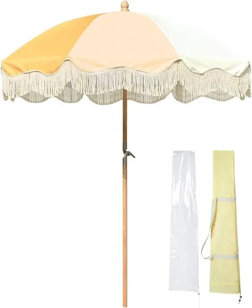 6Ft Fringe Patio Umbrella with Tassels &amp; Carry Bag 50 / 60S Vintage Style Umbrel