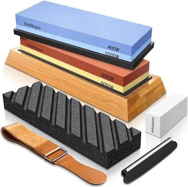 Complete Knife Sharpening Stone Set – Dual Grit Whetstone 400/1000 3000/8000 Premium Whetstone Knife Sharpener with Leather Strop, Flattening Stone, Bamboo Base, 3 Non-slip Rubber Bases & Angle Guide