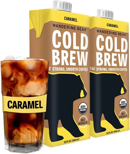 Wandering Bear Organic Caramel Cold Brew Coffee, 32 fl oz, 1 pack - Extra Strong, Smooth, Organic, Unsweetened, Shelf-Stable, and Ready to Drink Iced Coffee, Cold Brewed Coffee, Cold Coffee