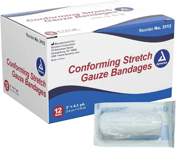 Dynarex Conforming Stretch Gauze Bandages 3" Sterile 12 Rolls #3113