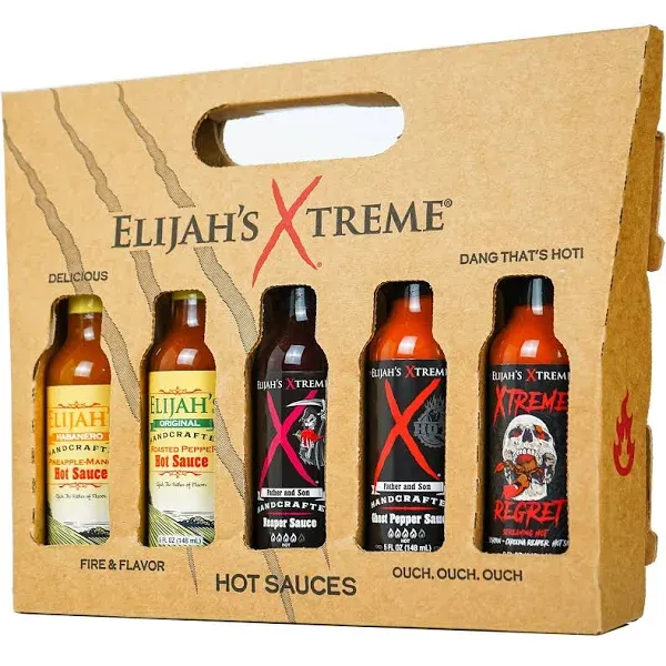 Elijah's Xtreme Hot Sauce Gift Sets - 5 Pack Award Winning Hot Sauce Sampler Includes Mango Habanero Sauce, Roasted Jalapeno Cayenne Pepper Sauce, Sweet Reaper Sauce, Ghost Pepper Hot Sauce, & Super Hot Xtreme Regret Carolina Reaper Hot Sauce